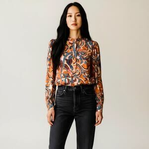 A.L.C. Women's Leaf Print Cotton Viscose Blouse Sz 6 Mandarin Collar Long Sleeve